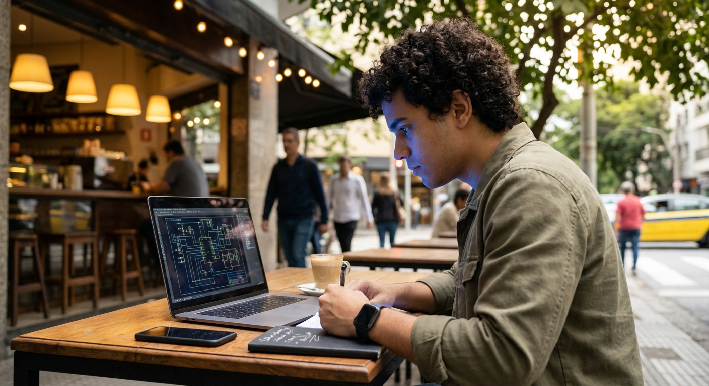 Estudante de engenharia de hardware estuda em café moderno com notebook e diagramas técnicos sob luz natural.