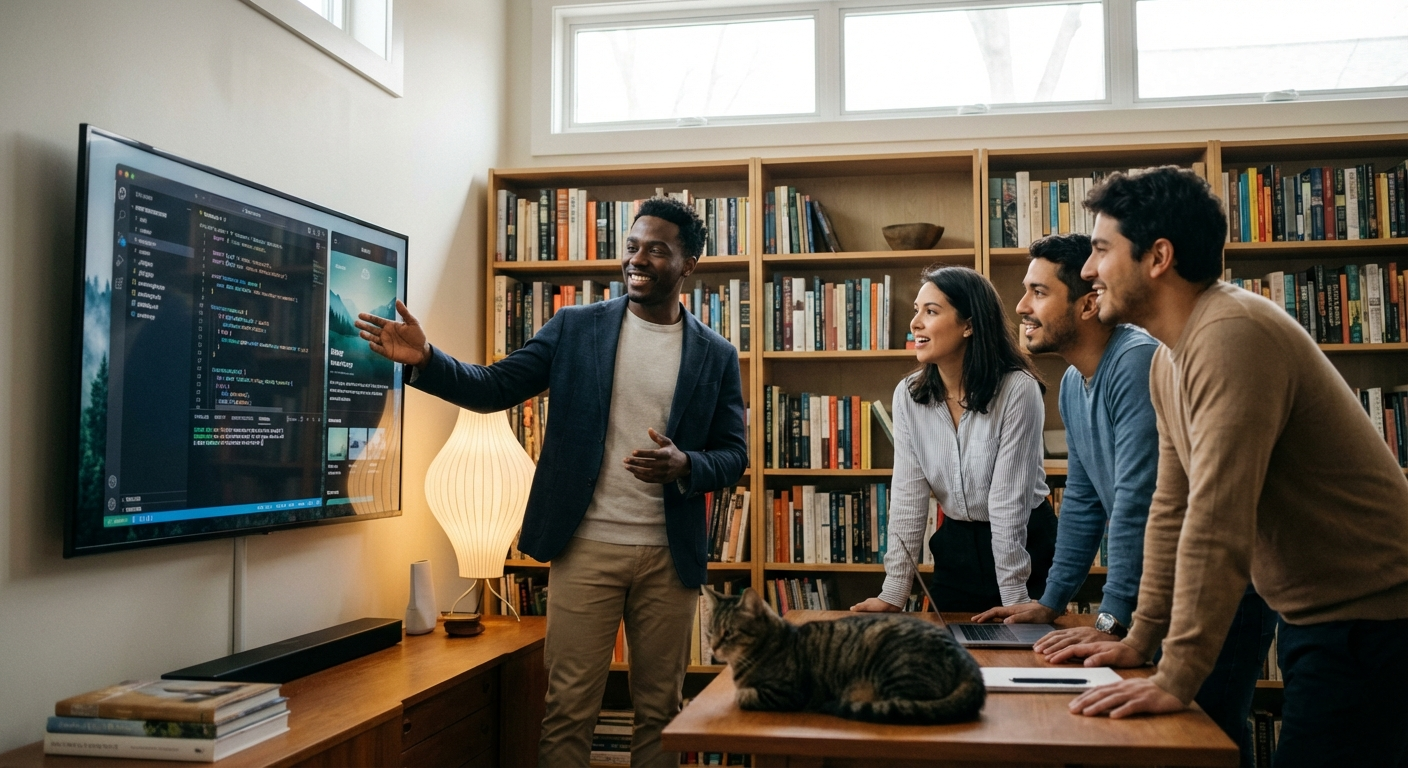 Desenvolvedor negro apresenta código em tela para colegas em um home office moderno e acolhedor.