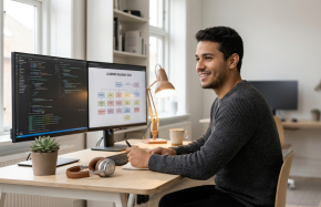 Desenvolvedor em escritório minimalista com monitores e plantas, representando o início de carreira na tecnologia.