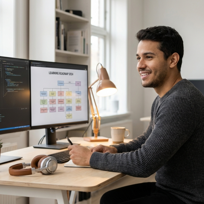 Desenvolvedor em escritório minimalista com monitores e plantas, representando o início de carreira na tecnologia.