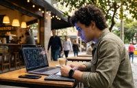 Estudante de engenharia de hardware estuda em café moderno com notebook e diagramas técnicos sob luz natural.