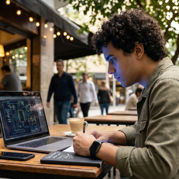 Estudante de engenharia de hardware estuda em café moderno com notebook e diagramas técnicos sob luz natural.