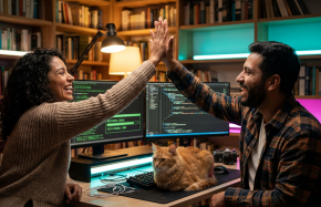 Dois desenvolvedores comemorando o sucesso de um código escalável em um home office moderno com luzes neon.