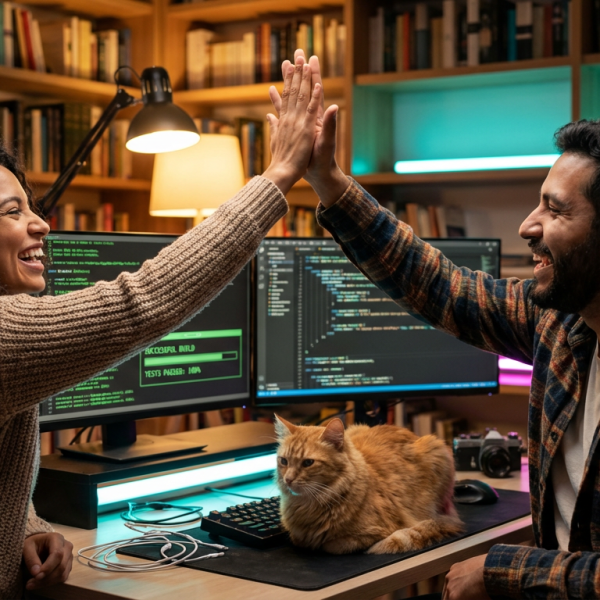 Dois desenvolvedores comemorando o sucesso de um código escalável em um home office moderno com luzes neon.