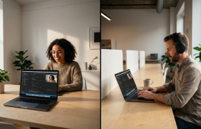 Dois desenvolvedores brasileiros em chamada de vídeo trabalhando em código front-end em escritórios escandinavos.