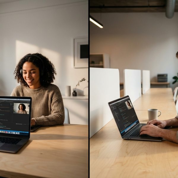 Dois desenvolvedores brasileiros em chamada de vídeo trabalhando em código front-end em escritórios escandinavos.