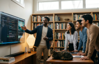 Desenvolvedor negro apresenta código em tela para colegas em um home office moderno e acolhedor.