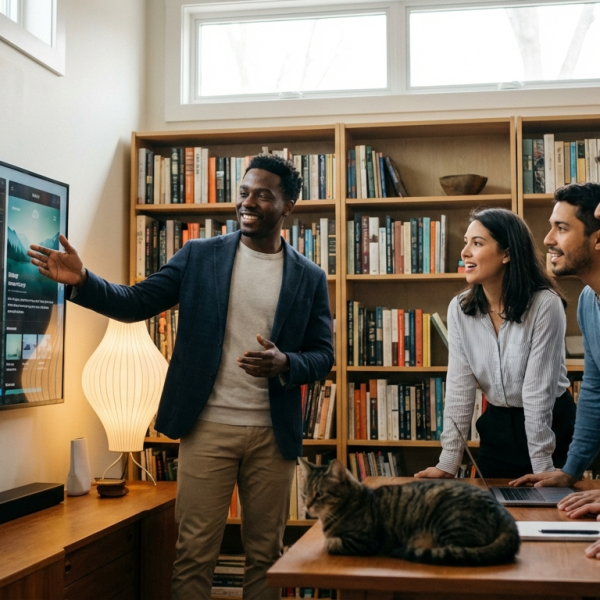 Desenvolvedor negro apresenta código em tela para colegas em um home office moderno e acolhedor.